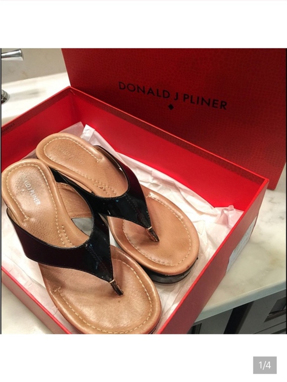 Donald J. Pliner Black Patent Thong Sandals with Tan Footbed